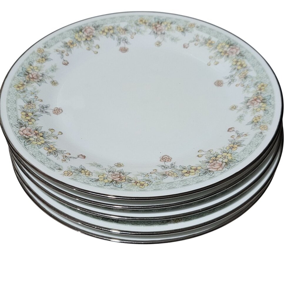 5 Noritake Spring Field Salad Plates delicate flowers vtg  Japan silver rim gree - Picture 8 of 8